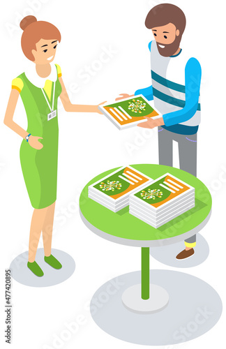 Woman distributes product samples. Leafleting, advertising, marketing campaign concept. Distributor advertises, promotes to customer. Female promoter giving product catalog with advertisement to man