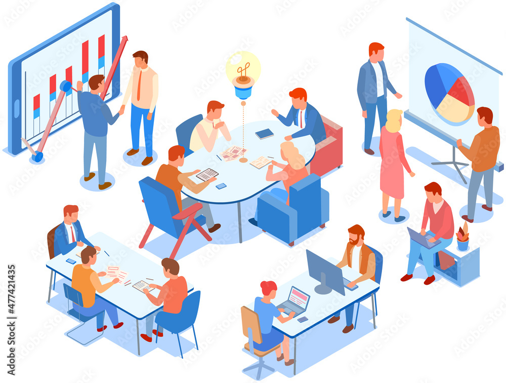 Visualize with business analytics. People work with statistical data analysis, changing indicators. Employees analyze statistical indicators, business data. Characters work with marketing research Visualize with business analytics. People work with statistical data analysis, changing indicators. Employees analyze statistical indicators, business data. Characters work with marketing research