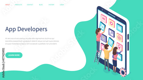 Development of new mobile program concept. Programming, software, apps for electonic devices. Website for app developers landing page template. People creating mockup of smartphone interface