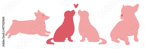 Cute pink dogs with hearts. Bulldog or pug, Cavalier King Charles Spaniel, welsh corgi dogs breeds silhouettes. Cupid. I love you. Valentine's Day. Vector flat design