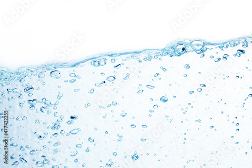 Blue bubbles underwater on white background.