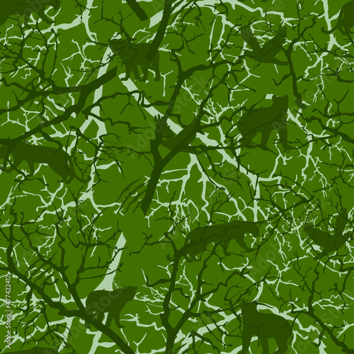 Forest pattern with tree branches, animals. Pattern.