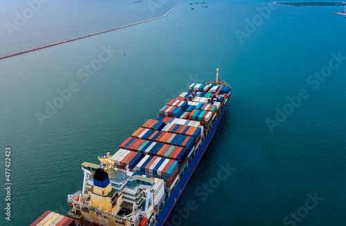 The logistic network Ocean sea with ship of business Logistics as loaded container cargo vessel at port-import-export image