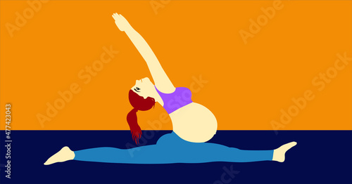 Happy attractive pregnant woman doing splits. Yoga work out. Pregnant smiling fitness model practicing yoga. Pregnancy Yoga and Fitness and body positivity concept. vector illustration