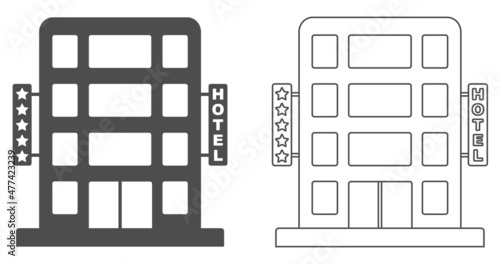 Hotel, black retro hotel icon isolated on white background. Vector, cartoon illustration.