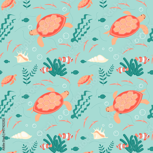 Seamless underwear pattern with turtle and sea fishes