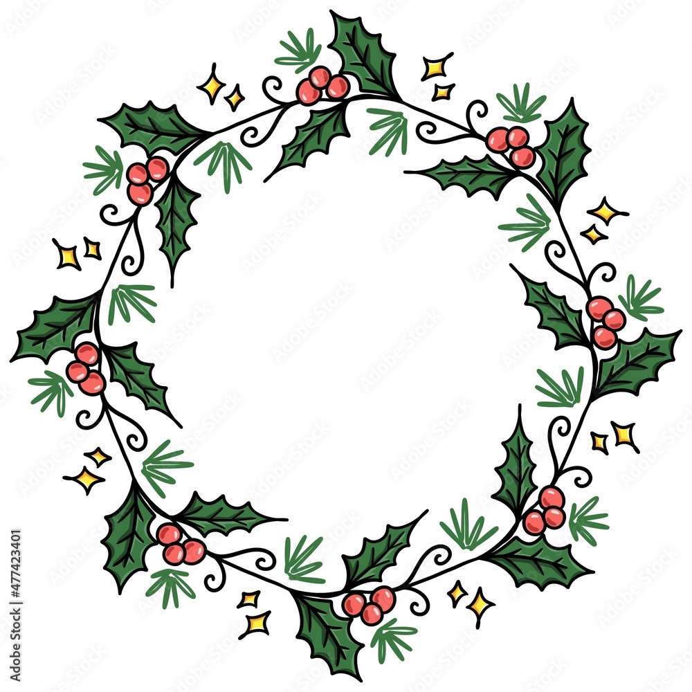 Christmas wreath frame with holly mistletoe in a cartoon doodle style for icons, decoration, greeting card Christmas wreath frame with holly mistletoe in a cartoon doodle style for icons, decoration, greeting card