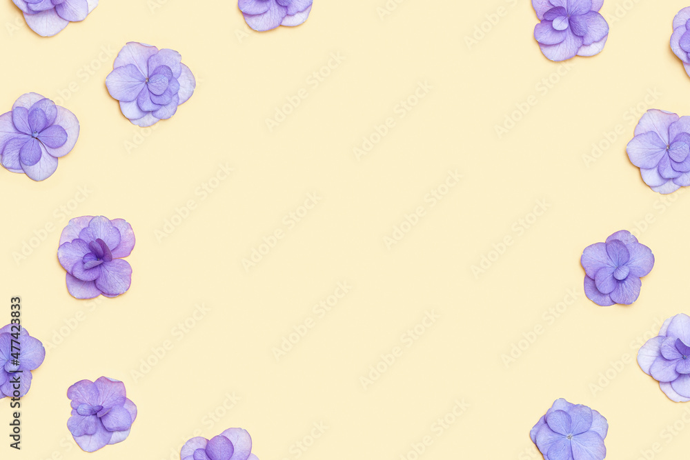 Natural Hydrangea violet flower, minimal floral frame on beige background. Layout with fresh flowers. Spring holiday concept, for Mothers day, 8 March, Womens day. Flat lay, above view Natural Hydrangea violet flower, minimal floral frame on beige background. Layout with fresh flowers. Spring holiday concept, for Mothers day, 8 March, Womens day. Flat lay, above view
