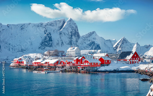 Obraz na płótnie Attractive morning scene of Sakrisoy village, Norway, Europe. Bright winter view of Lofoten Islads witj typical red wooden houses. Beautiful seascape of Norwegian sea. Traveling concept background. w salonie
