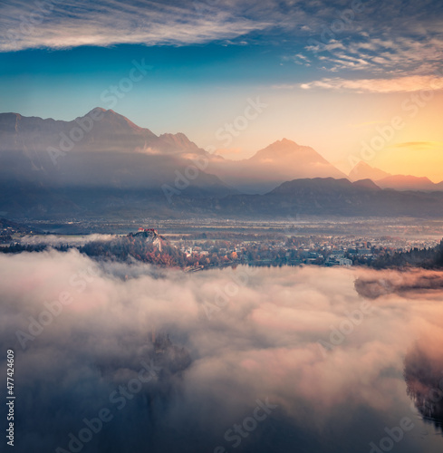 Fantastic sunrise on Bled lake Fotobehang