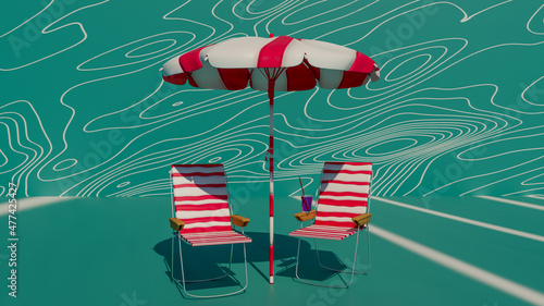 Summer vacation concept. Beach umbrella, chairs and cocktail on green background with copyspace. 3d rendering
