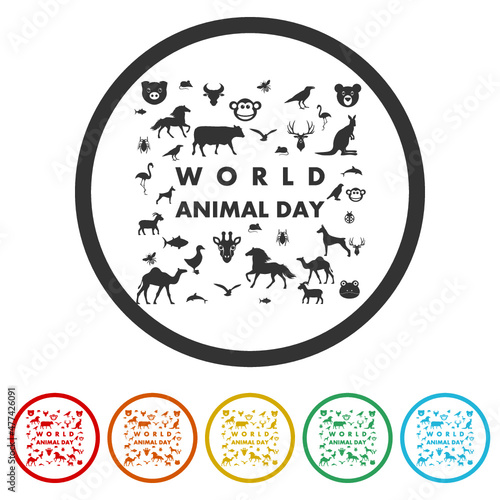 World animal day glyph icon isolated on white background, color set