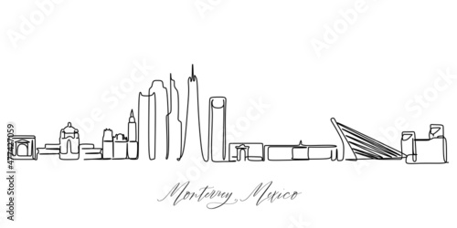 One continuous line drawing Monterrey city skyline Mexico. Beautiful landmark. World landscape tourism travel vacation poster. Editable stylish stroke single line draw design vector illustration