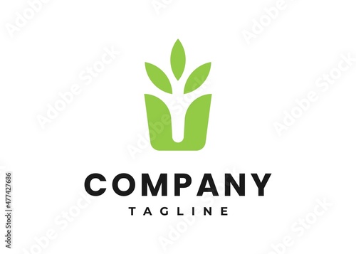 Minimal Modern Seed Seedling Plant with Pot Potted  and Green Leaf Leaves Foliage logo design vector