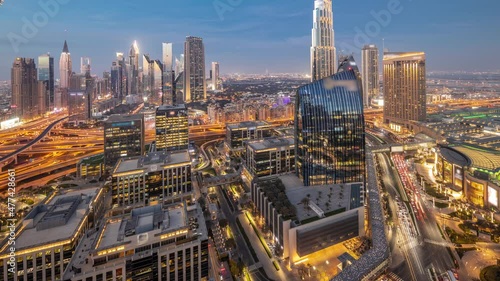 Wallpaper Mural Futuristic Dubai Downtown and finansial district skyline aerial day to night timelapse. Torontodigital.ca