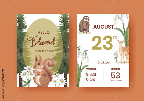 Baby stats card template with spring woodland wildlife concept,watercolor style