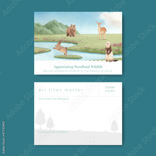 Postcard template with spring woodland wildlife concept,watercolor style