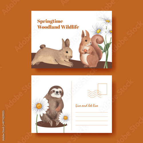 Postcard template with spring woodland wildlife concept,watercolor style