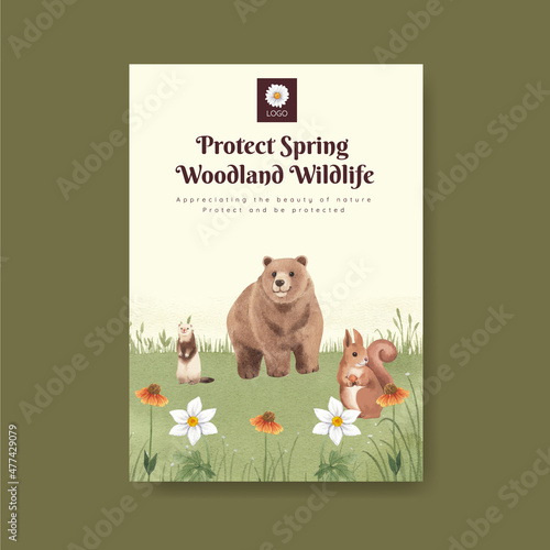 Poster template with spring woodland wildlife concept,watercolor style