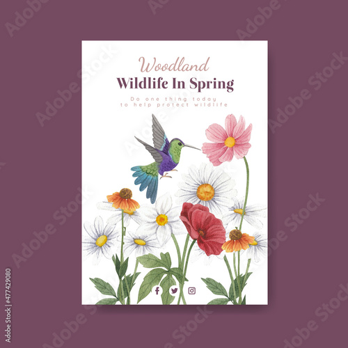 Poster template with spring woodland wildlife concept,watercolor style