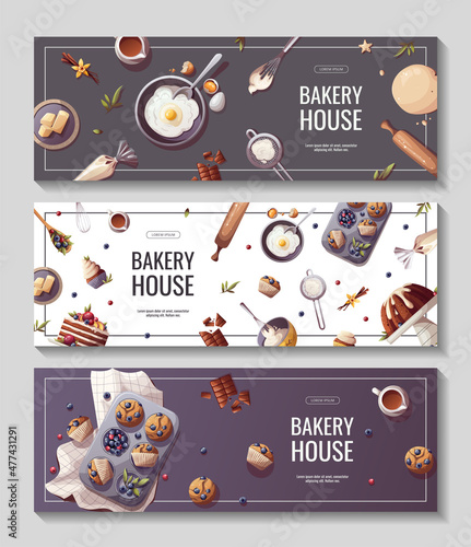 Set of banners for baking, bakery shop, cooking, sweet products, dessert, pastry. Vector illustration for poster, banner, cover, flyer, menu, sale, advertising.