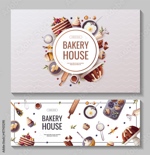 Set of banners for baking, bakery shop, cooking, sweet products, dessert, pastry. Vector illustration for poster, banner, cover, flyer, menu, sale, advertising.
