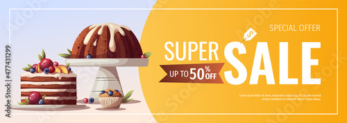 Banner design with cakes for baking, bakery shop, cooking, sweet products, dessert, pastry. Vector illustration for poster, banner, cover, flyer, menu, sale, advertising.