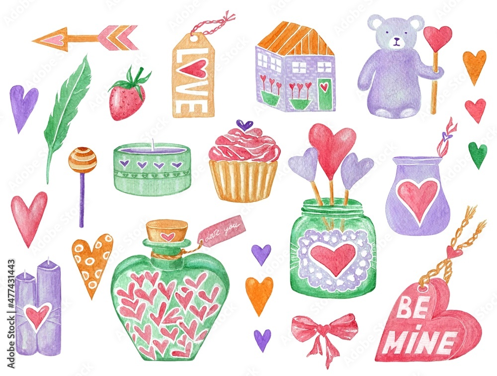 Fototapeta premium Watercolor set for Valentine's Day. Hearts, sweets, candles , decorations, gifts and other cute elements