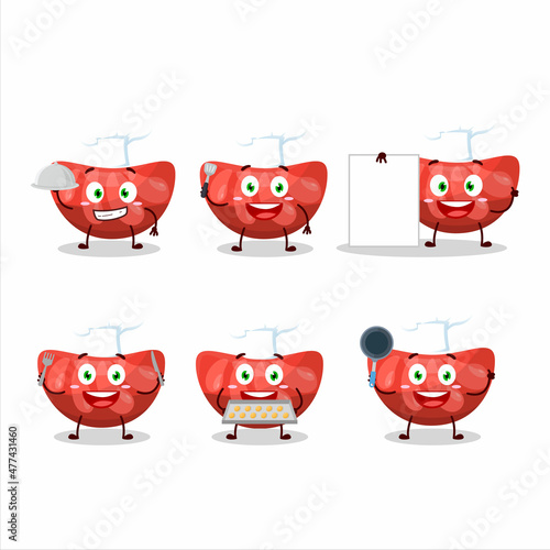 Cartoon character of red orange gummy candy with various chef emoticons