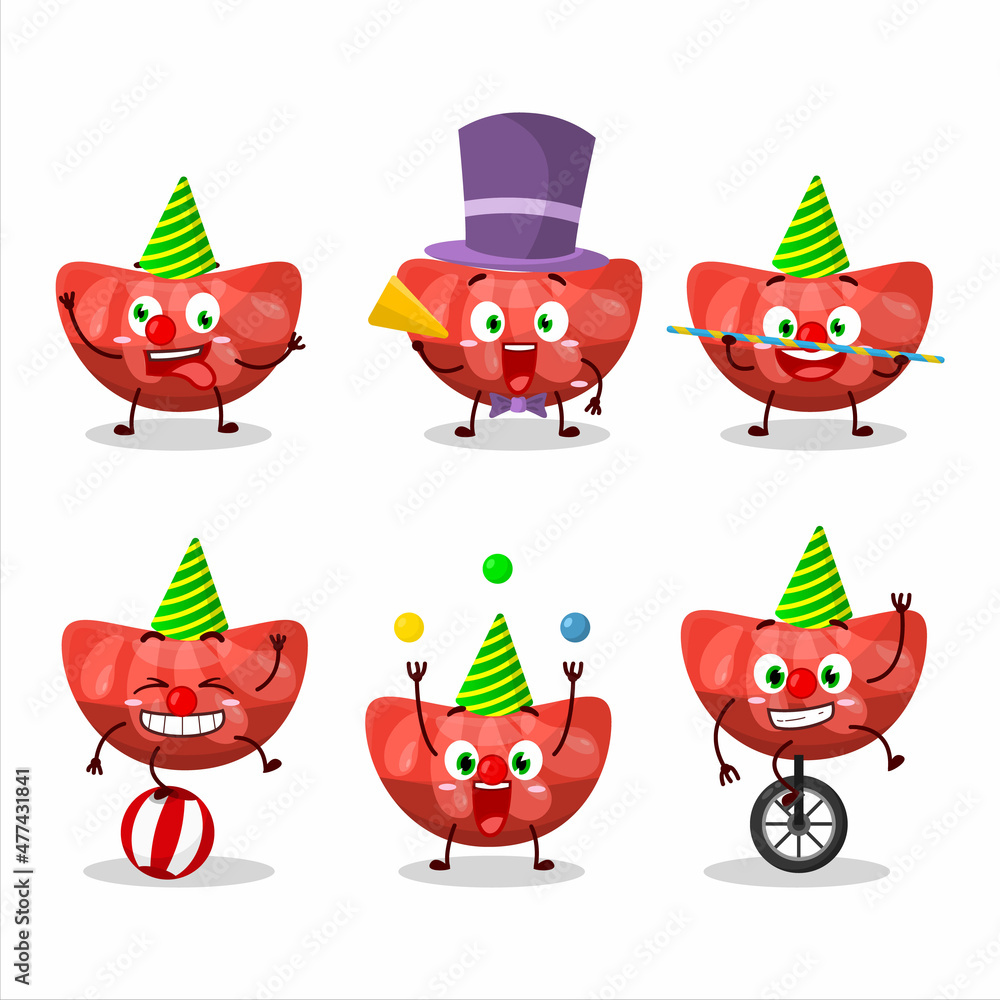 Cartoon character of red orange gummy candy with various circus shows Cartoon character of red orange gummy candy with various circus shows
