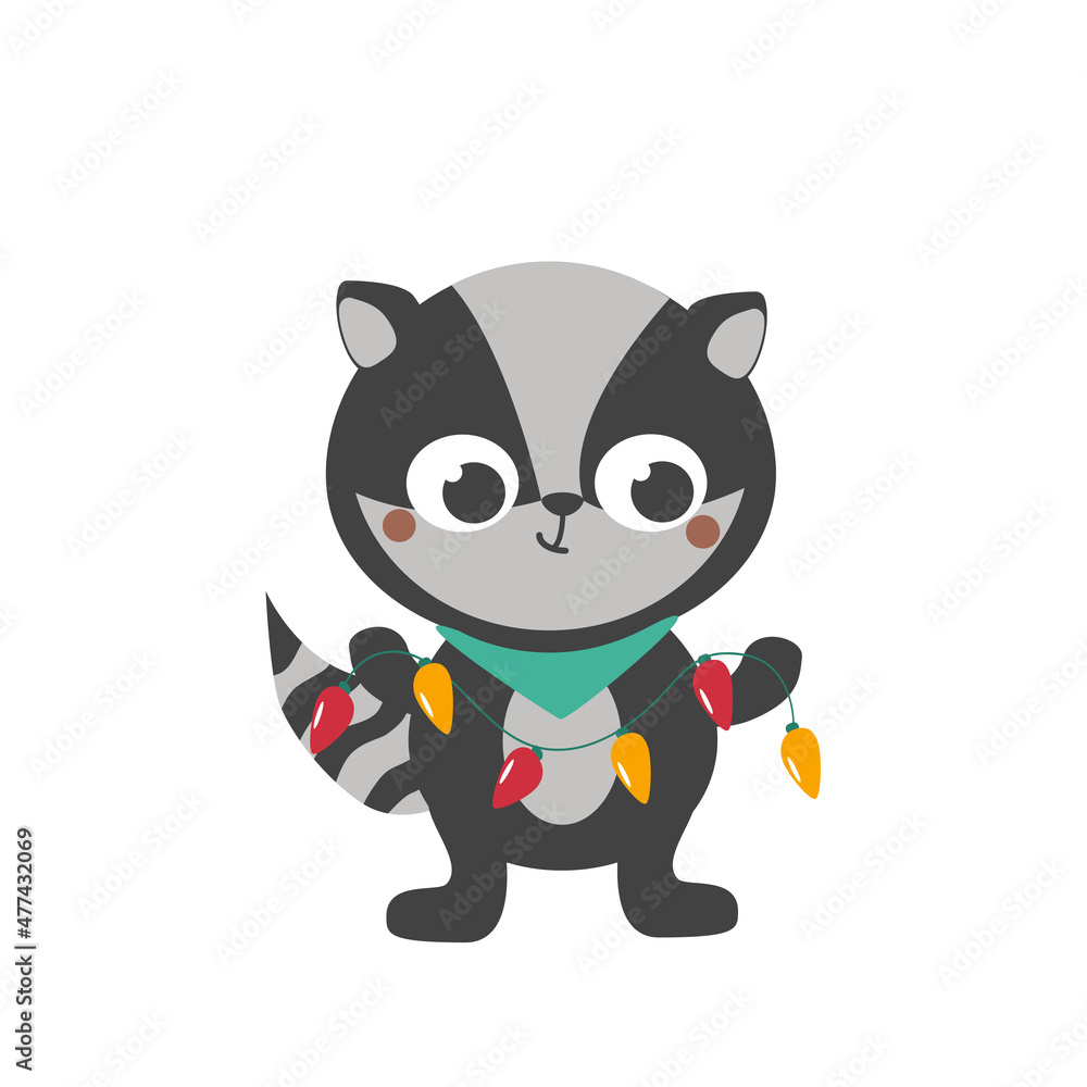 Cute funny little badger is holding a colorful festive garland. Christmas cute character. Merry Christmas. Vector illustration. Greeting card