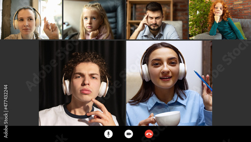 Collage. Men, women and chilldren having online video call, relatives communication photo