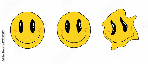 Retro melting crazy and dripping smiley face. Distorted yellow face. Hippie groovy smile character vector set. Vector illustration