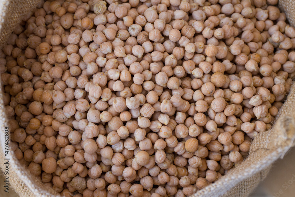 Burlap sack with raw Chickpea or Chia seeds Burlap sack with raw Chickpea or Chia seeds