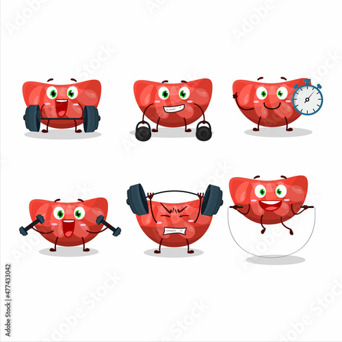 A healthy red orange gummy candy cartoon style trying some tools on Fitness center