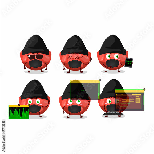 A Hacker red orange gummy candy character mascot with