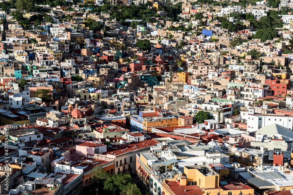 panoramic view of Guanajuato CityCenter in Mexico from the top of hill