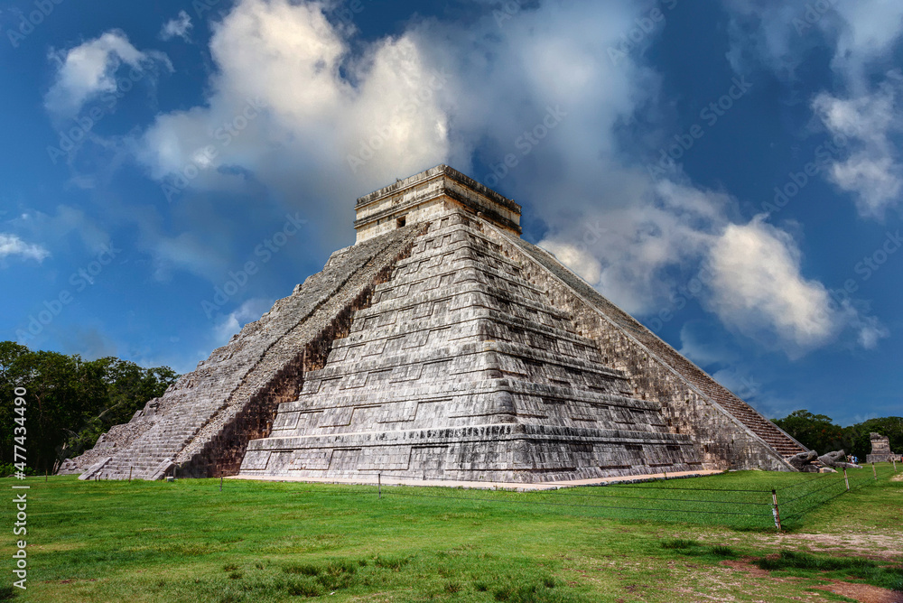 The view of Temple of Kukulcán at Chichen Itza in Yucatan, Mexico at sunny day