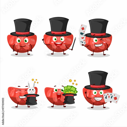 A red orange gummy candy Magician cartoon character perform on a stage