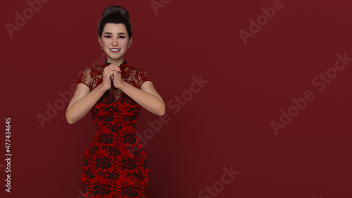3D Render : Portrait of young Asian woman in traditional cheongsam chinese dress with gesture of congratulation on chinese new year day isolated on red background, happy Chinese new year concept  photo