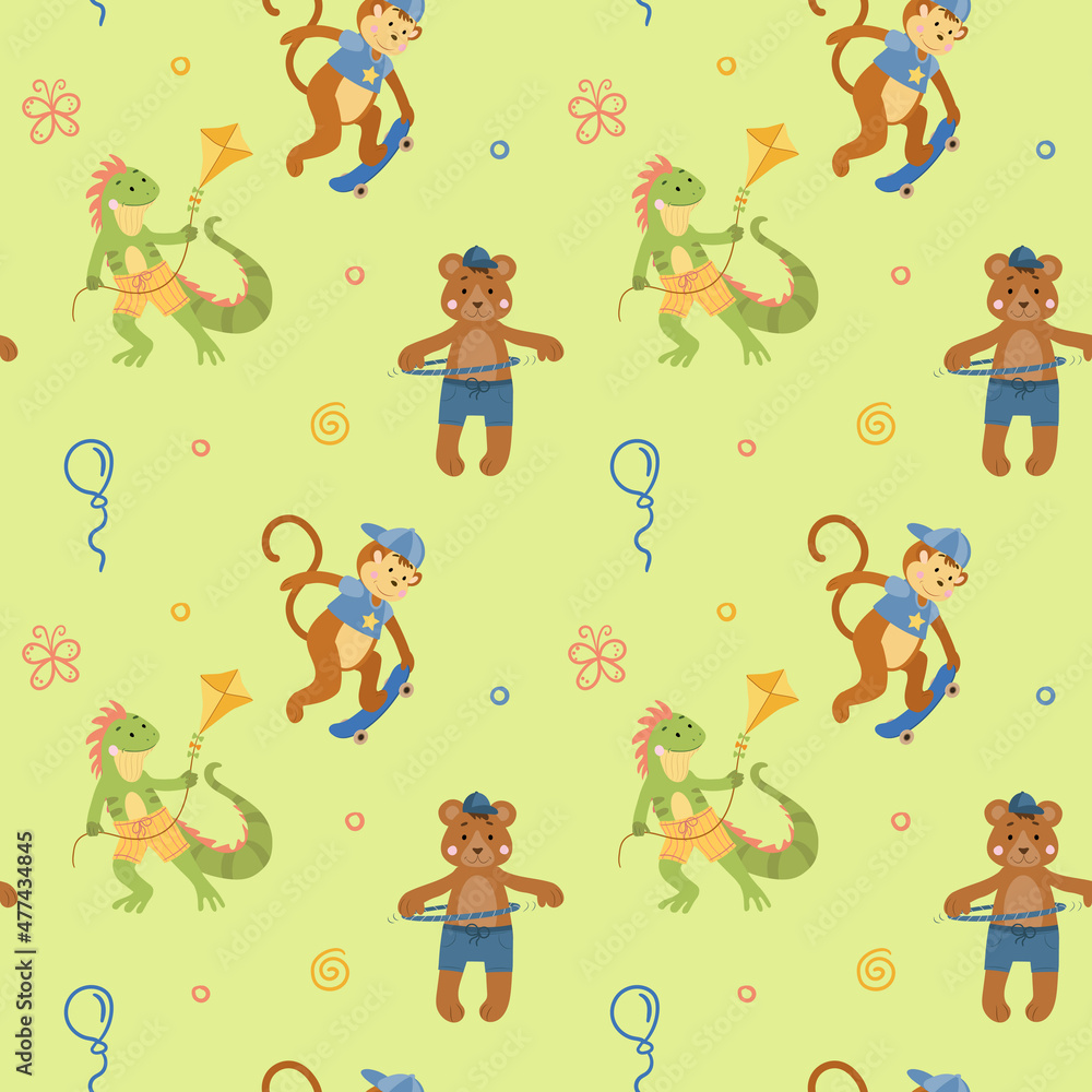 Fototapeta premium Seamless pattern, Iguana with kite, bear with hula hoop, monkey skateboarder