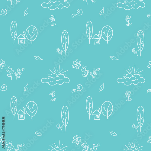 Seamless doodle pattern, forest, trees, butterfly, house, leaves, clouds