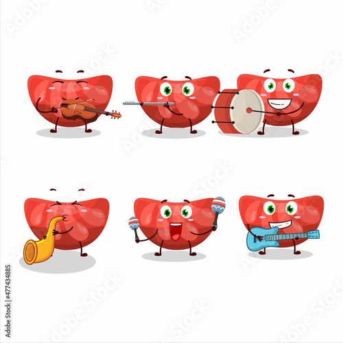 Cartoon character of red orange gummy candy playing some musical instruments