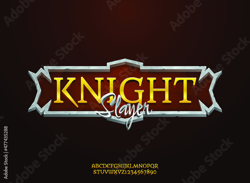 fantasy golden silver knight slayer medieval rpg game logo title text effect with frame border