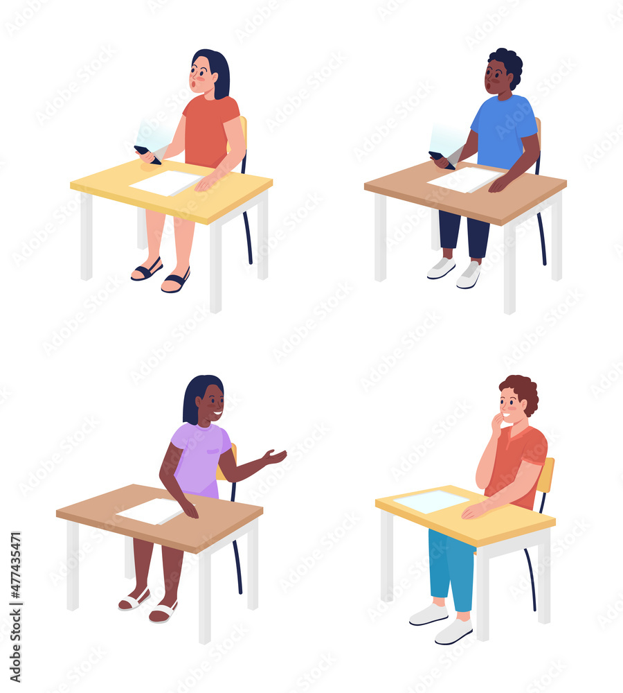 Pupils sitting at desks semi flat color vector characters set. Full body people on white. Elementary school isolated modern cartoon style illustrations collection for graphic design and animation