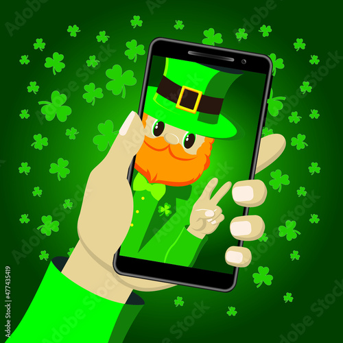 Leprechaun Gnome made selfie with peace gesture on smartphone.  St Patrick's day vector illustration