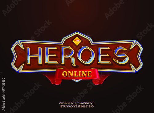 fantasy golden diamond heroes online medieval rpg game logo text effect with frame border and ribbon