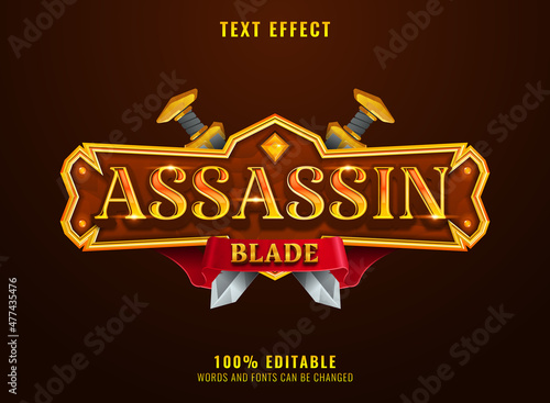 fantasy golden assassin blade medieval rpg game logo title text effect with border, ribbon and sword