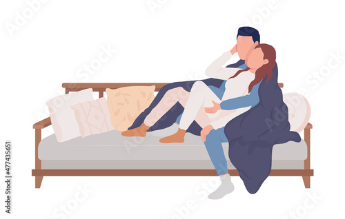 Couple resting on sofa semi flat color vector characters. Interacting figures. Full body people on white. Hygge isolated modern cartoon style illustration for graphic design and animation