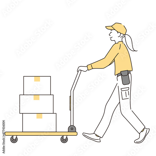 シンプル　イラスト　台車で荷物を運ぶ作業員の女性